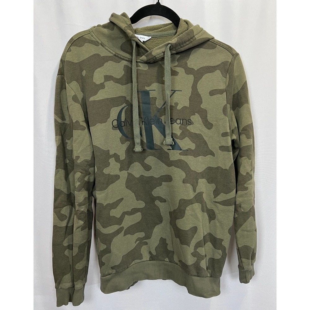 Calvin Klein Jeans Womens Camo Logo Hoodie Olive Green Pullover Gorpcore S